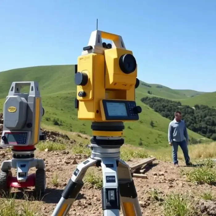 Equipamiento topográfico de última generación, incluyendo una estación total y GPS, utilizado por el equipo de Gestión inversión para mediciones en terrenos complejos.