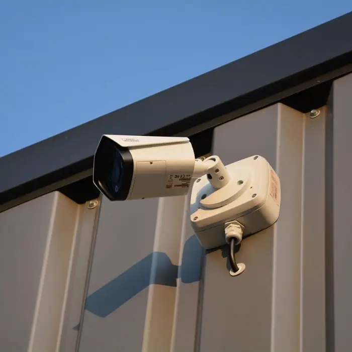 Cámara de seguridad exterior tipo "bullet" instalada profesionalmente en la pared de una bodega o edificio, un servicio de Gestión inversión para el resguardo perimetral.