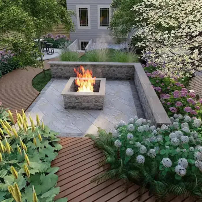 Proyecto de paisajismo que crea un acogedor living exterior en torno a un fogón, una inversión en funcionalidad y ambiente que Gestión inversión diseña.